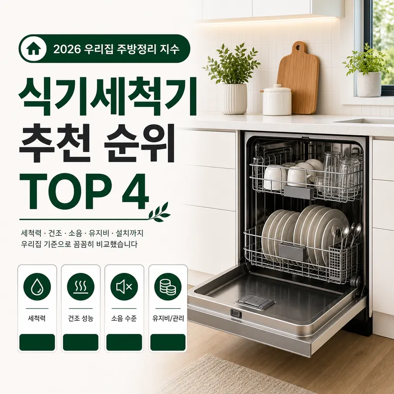 2026 식기세척기 추천 순위 TOP 4를 주방정리 지수 기준으로 비교한 이미지