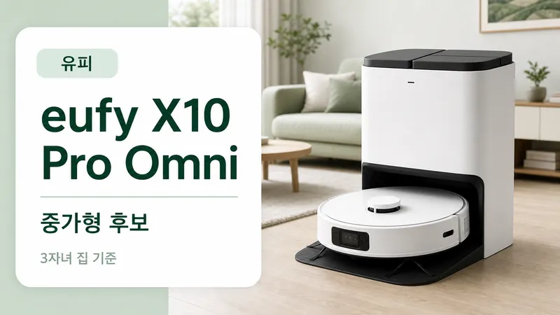 유피 eufy X10 Pro Omni 중가형 후보를 3자녀 집 기준으로 설명하는 GPT Image 2 카드형 썸네일