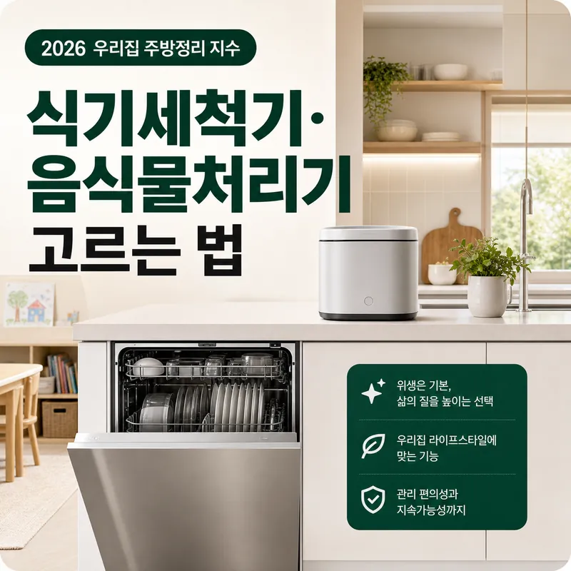 식기세척기와 음식물처리기 중 3자녀 집에서 무엇을 먼저 살지 비교하는 주방정리 이미지