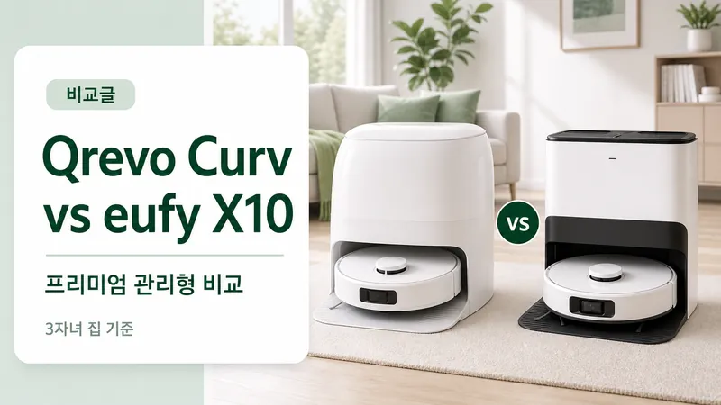 로보락 Qrevo Curv와 유피 eufy X10을 3자녀 집 기준으로 비교하는 GPT Image 2 카드형 썸네일