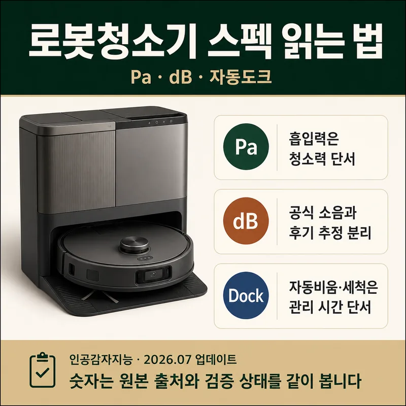로봇청소기 흡입력 Pa, 소음 dB, 자동도크 기준을 설명하는 제품 이미지 카드